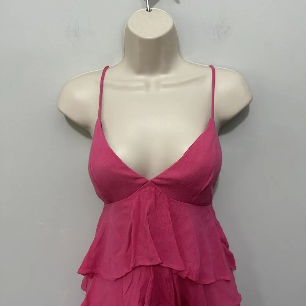 Hollister Mini Dress Womens XS Hot Pink Strappy Tiered Ruffle Babydoll Coquette - Picture 2 of 9